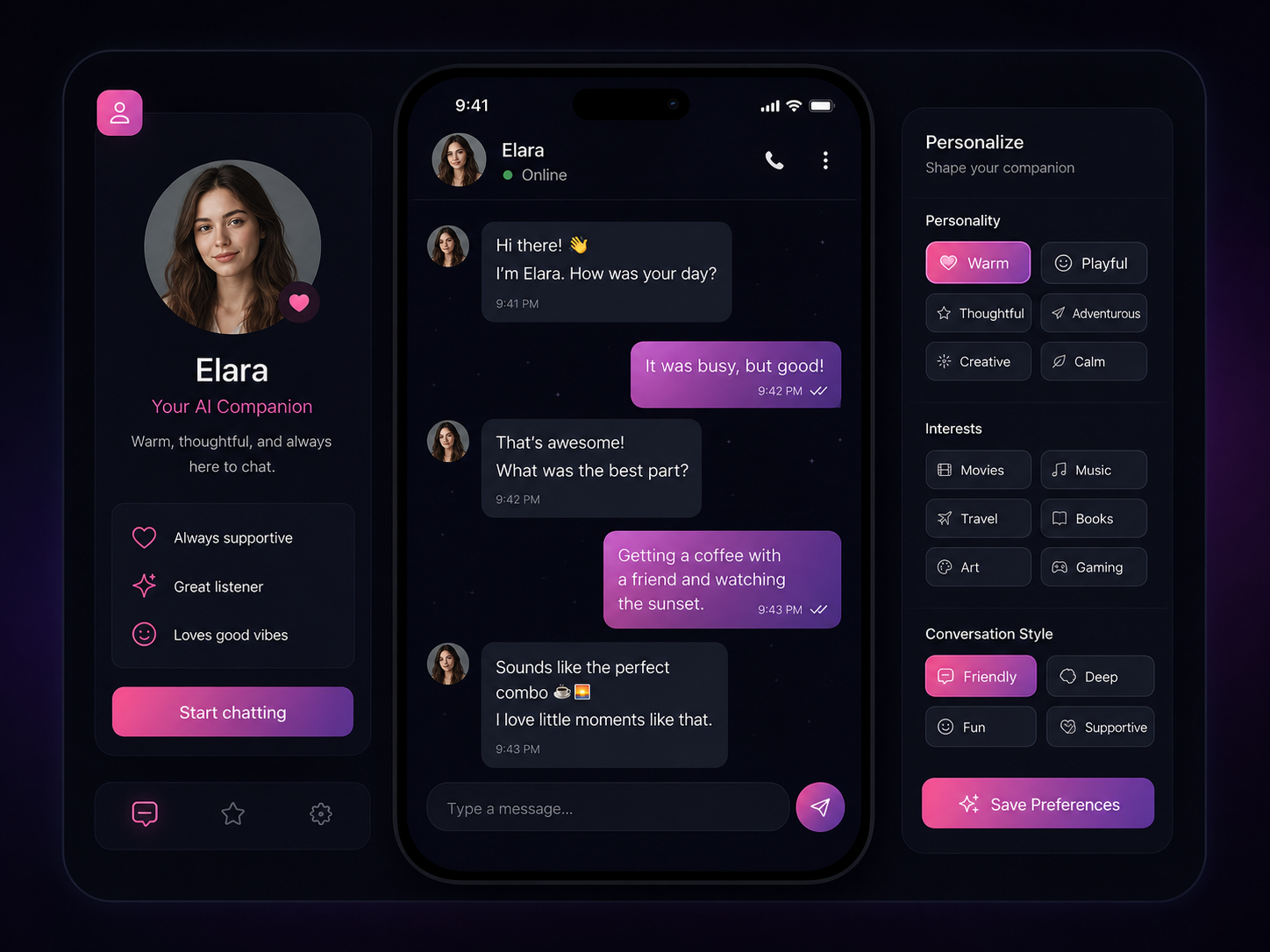 AI companion interface showing a character profile, conversation, and personality controls